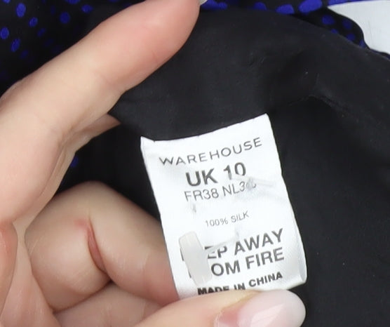 Warehouse Women’s Blue Silk Keyhole Neck Bubble Hem Dress UK 10