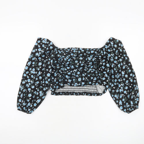 Boohoo Women’s Black Floral Cropped Blouse UK 6 Puff Sleeve