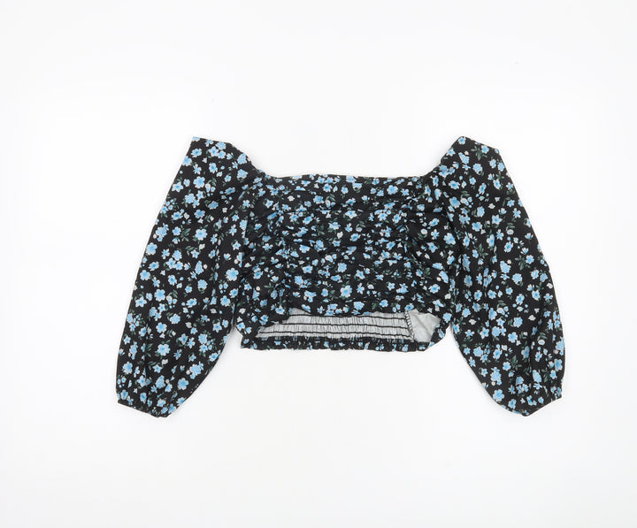 Boohoo Women’s Black Floral Cropped Blouse UK 6 Puff Sleeve