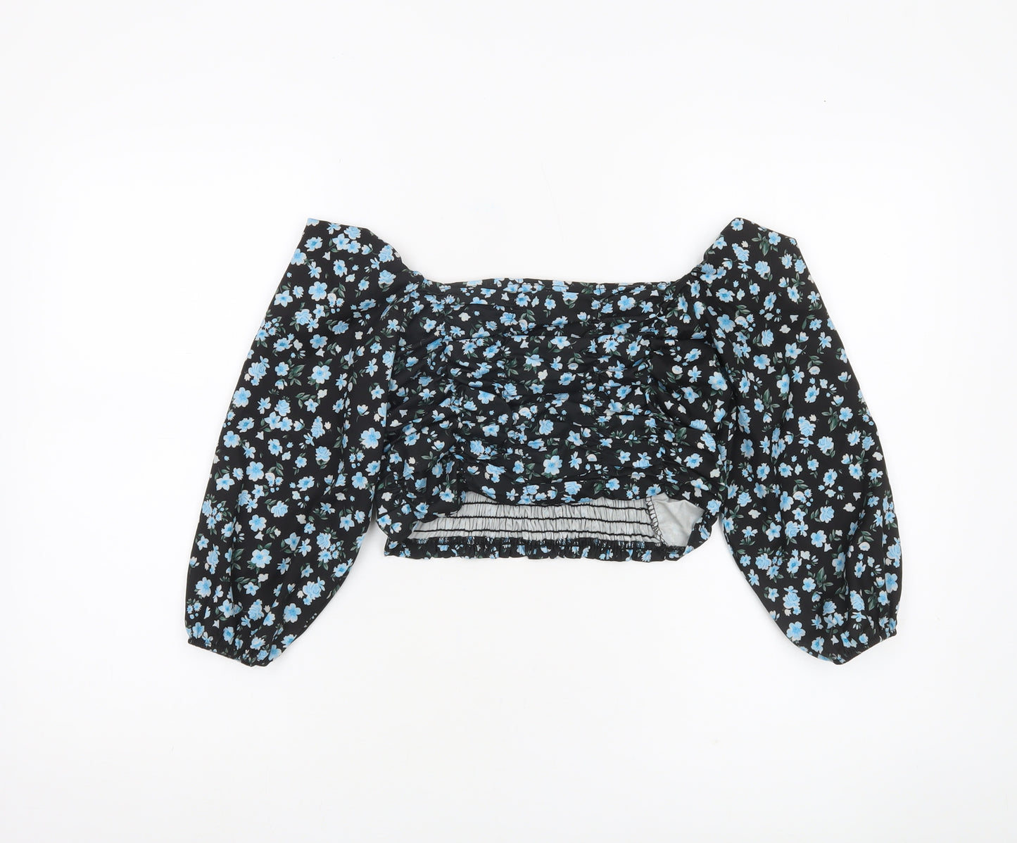 Boohoo Women’s Black Floral Cropped Blouse UK 6 Puff Sleeve