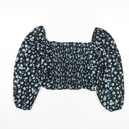 Boohoo Women’s Black Floral Cropped Blouse UK 6 Puff Sleeve