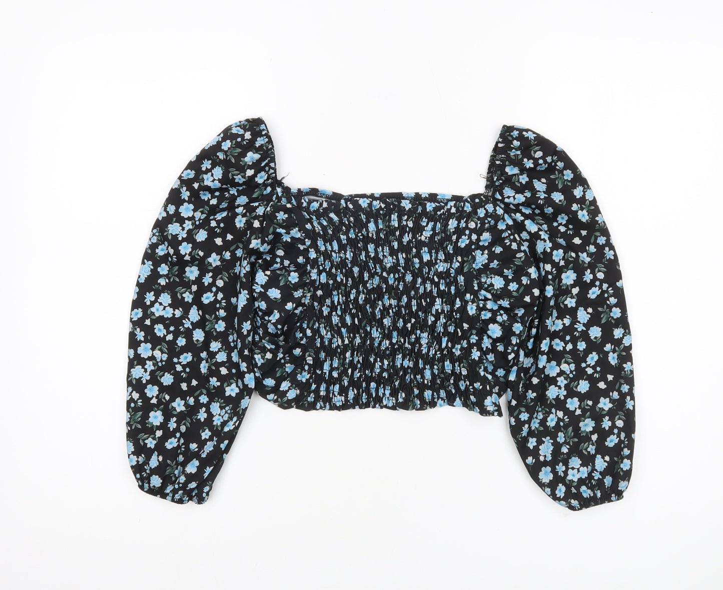 Boohoo Women’s Black Floral Cropped Blouse UK 6 Puff Sleeve