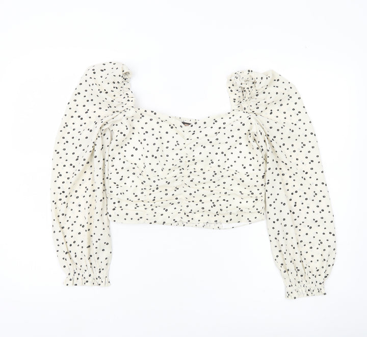 Pink Vanilla Women’s White Floral Blouse UK 12 Puff Sleeve Cropped