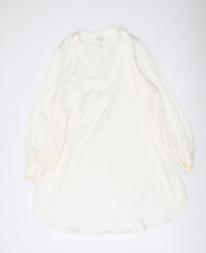 H&M Women Ivory Blouse Size 12 Tunic Long Sleeve V-Neck Top