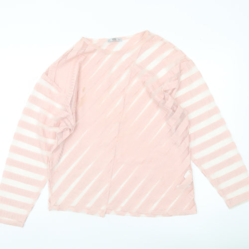 Zara Women Pink Striped Sheer Long Sleeve Blouse Size L