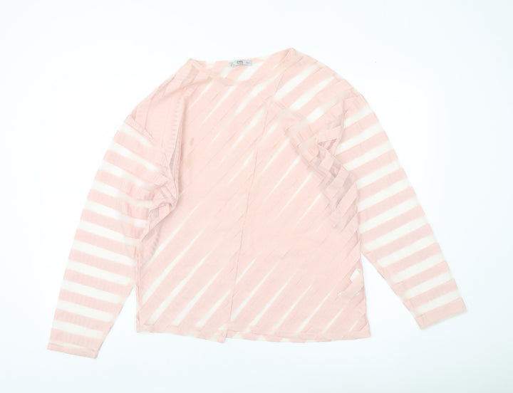 Zara Women Pink Striped Sheer Long Sleeve Blouse Size L