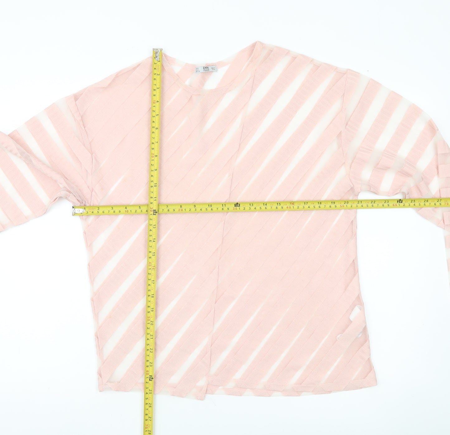 Zara Women Pink Striped Sheer Long Sleeve Blouse Size L