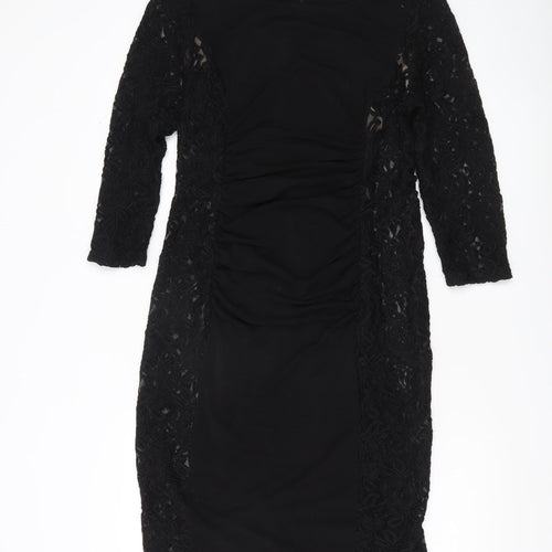 Phase Eight Women’s Black Lace Sheath Dress Size 14 Ruched 3/4 Sleeve