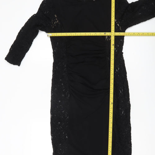 Phase Eight Women’s Black Lace Sheath Dress Size 14 Ruched 3/4 Sleeve