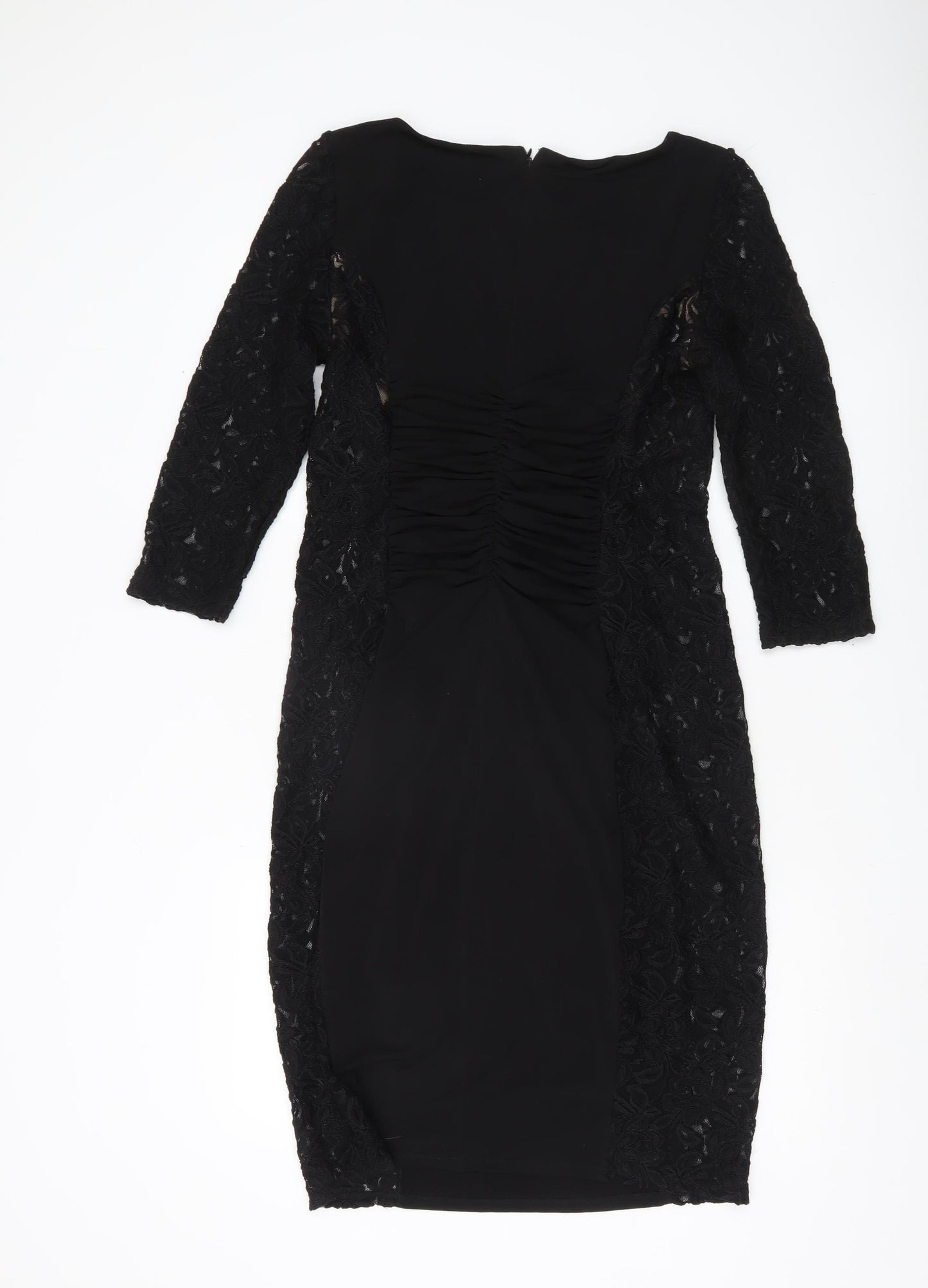 Phase Eight Women’s Black Lace Sheath Dress Size 14 Ruched 3/4 Sleeve