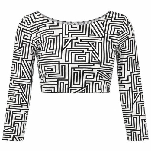 Forever 21 Women’s Black White Geometric Crop Top L Long Sleeve