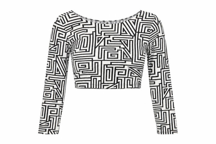 Forever 21 Women’s Black White Geometric Crop Top L Long Sleeve