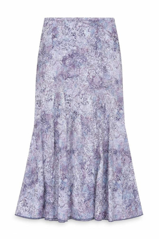 Front view of Peruvian Connection women’s purple floral midi trumpet cotton skirt, size UK 8