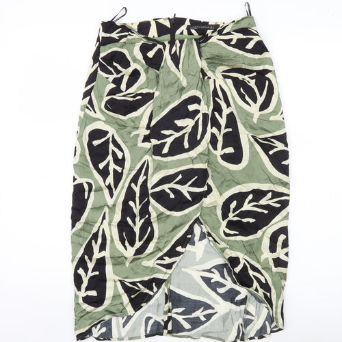 Zara Woman Midi Skirt Green Black Beige Leaf Print Size 8 Viscose