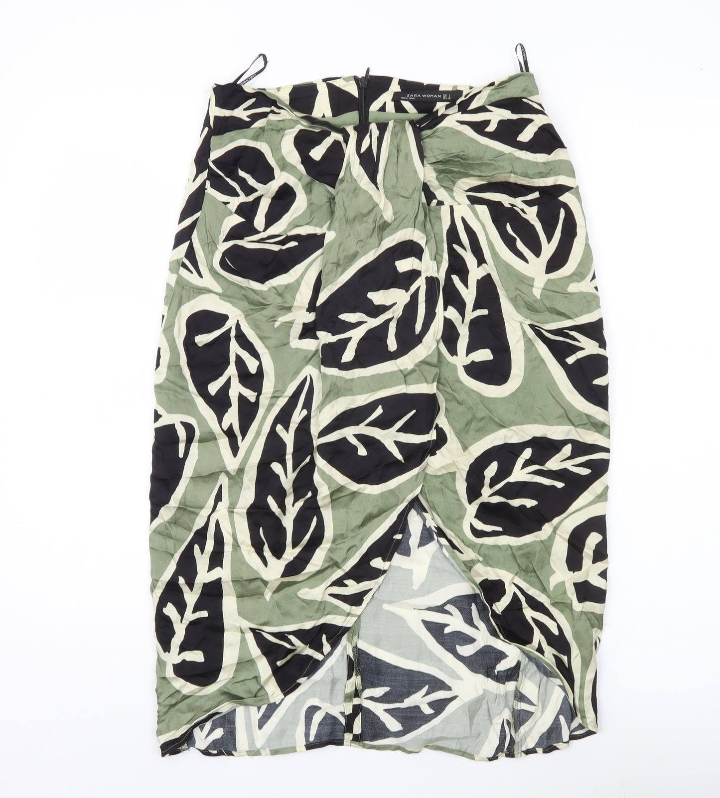 Zara Woman Midi Skirt Green Black Beige Leaf Print Size 8 Viscose