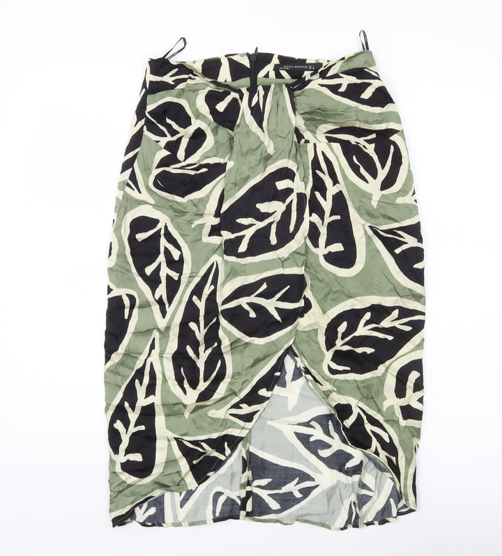 Zara Woman Midi Skirt Green Black Beige Leaf Print Size 8 Viscose
