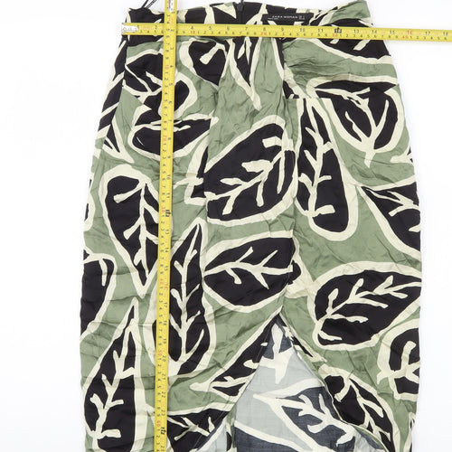 Zara Woman Midi Skirt Green Black Beige Leaf Print Size 8 Viscose