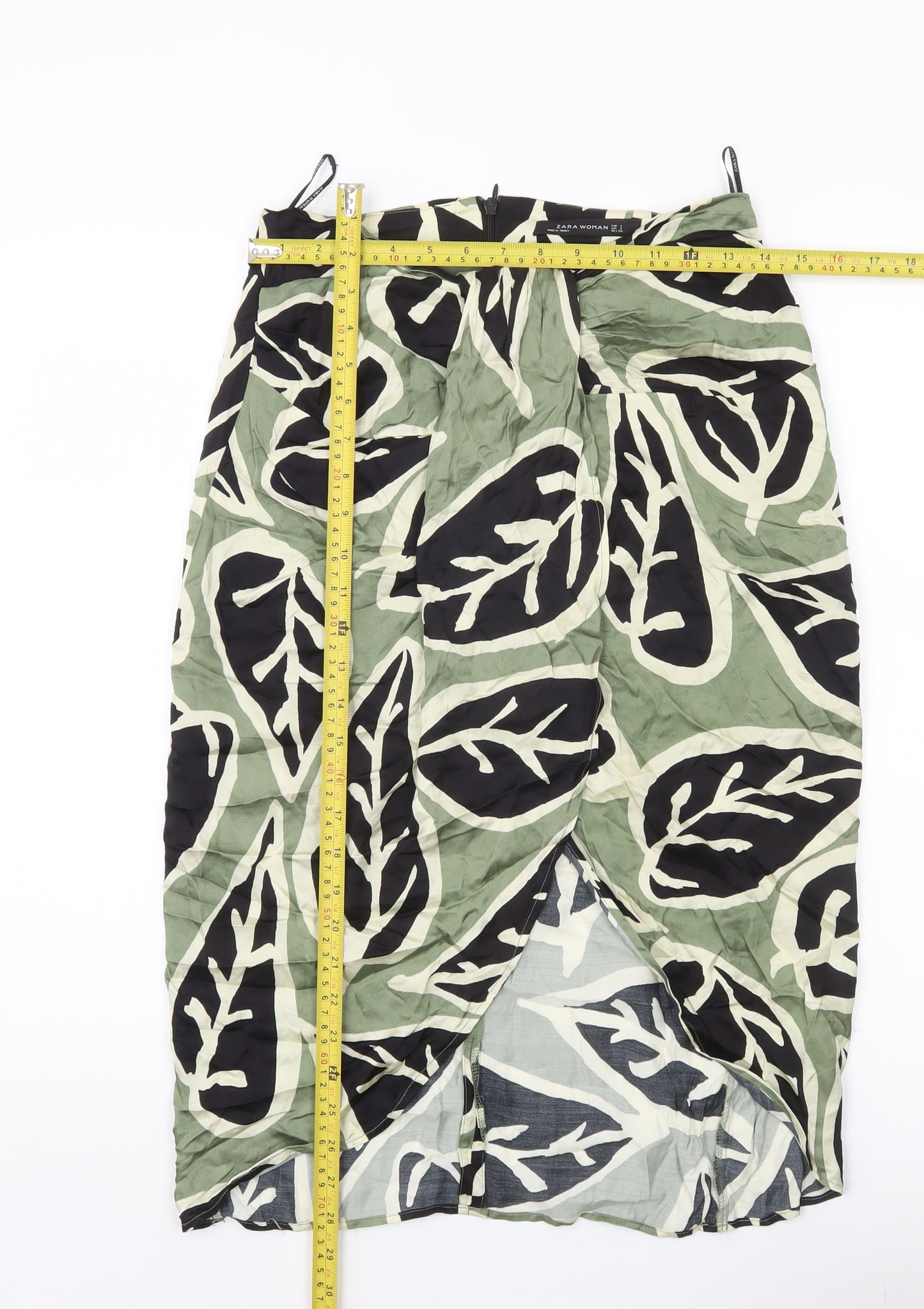 Zara Woman Midi Skirt Green Black Beige Leaf Print Size 8 Viscose
