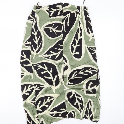 Zara Woman Midi Skirt Green Black Beige Leaf Print Size 8 Viscose