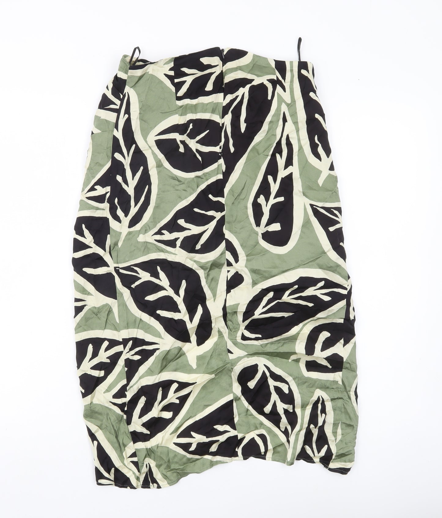Zara Woman Midi Skirt Green Black Beige Leaf Print Size 8 Viscose
