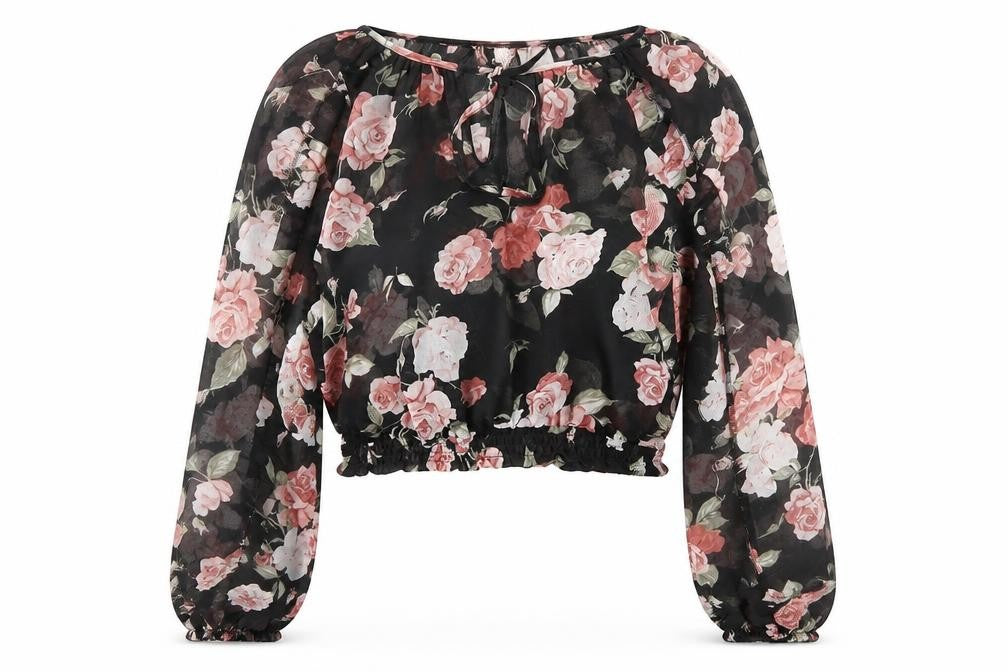 H&M Women’s Multicoloured Floral Chiffon Cropped Blouse Size 8