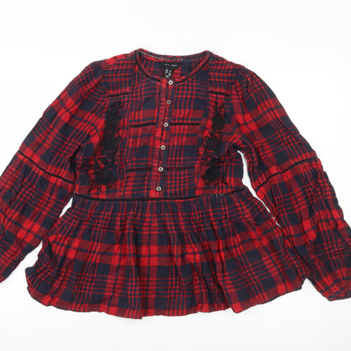 New Look Girls Red Plaid Cotton Blouse Button Tunic Age 8Y Long Sleeve