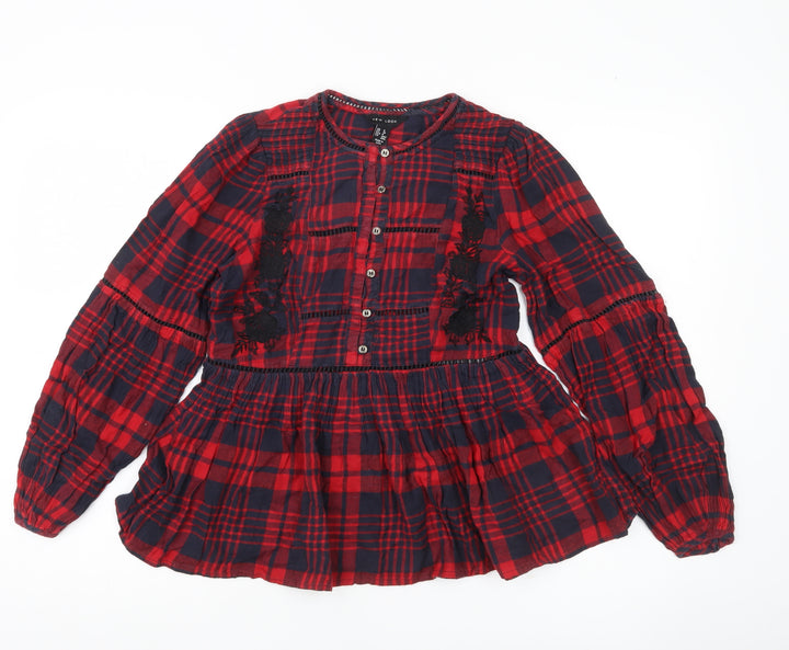 New Look Girls Red Plaid Cotton Blouse Button Tunic Age 8Y Long Sleeve