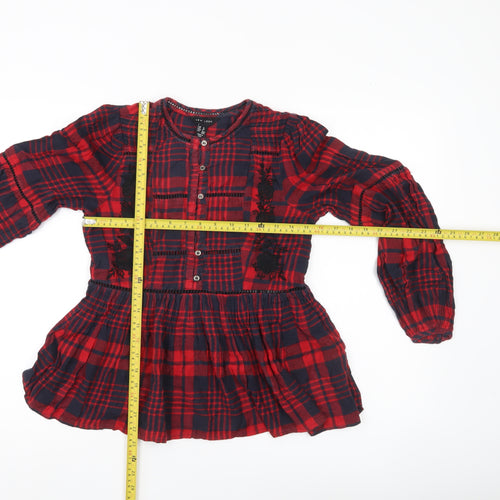 New Look Girls Red Plaid Cotton Blouse Button Tunic Age 8Y Long Sleeve