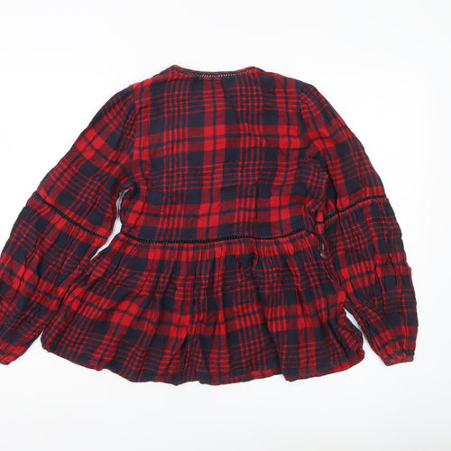 New Look Girls Red Plaid Cotton Blouse Button Tunic Age 8Y Long Sleeve