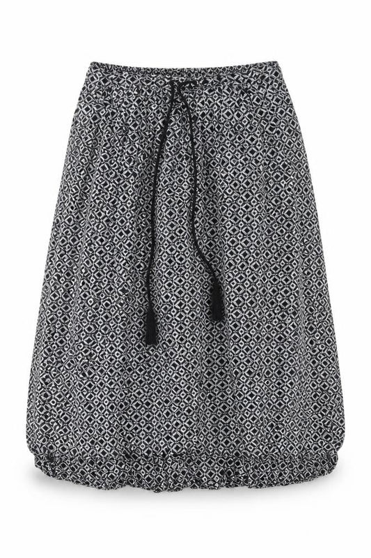 Front view of Little Stuff Women’s Black Geometric Elastic Waist Knee Skirt, size UK 10