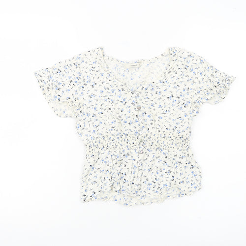 Pigalle Womens White Floral Smocked Tunic Blouse Size 6