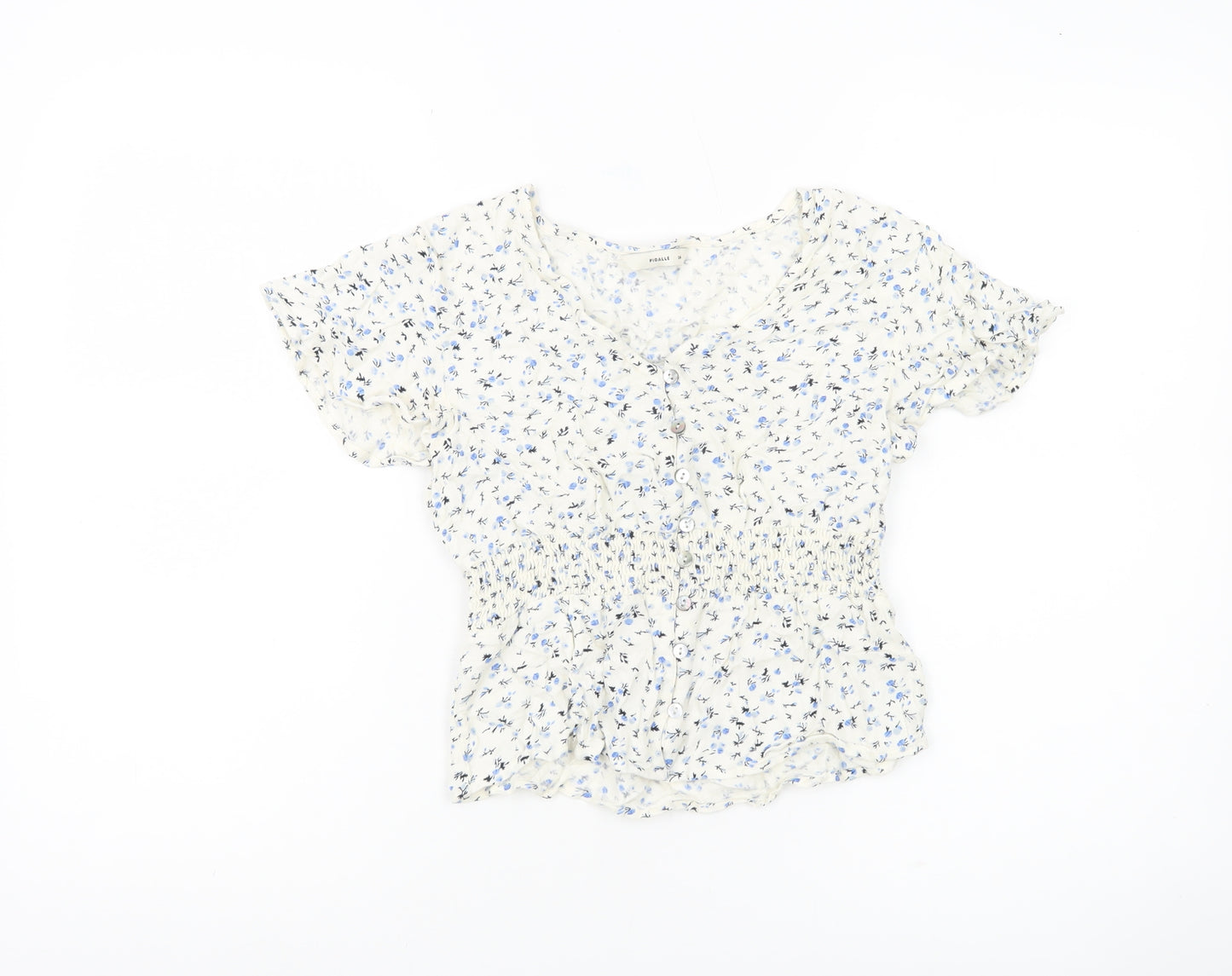 Pigalle Womens White Floral Smocked Tunic Blouse Size 6
