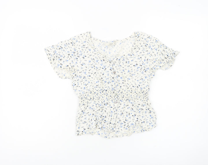 Pigalle Womens White Floral Smocked Tunic Blouse Size 6