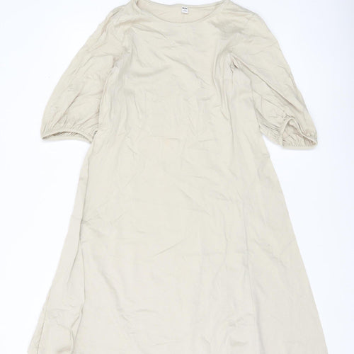 Uniqlo Women Beige A-Line Knee Length Dress S Puff Sleeve