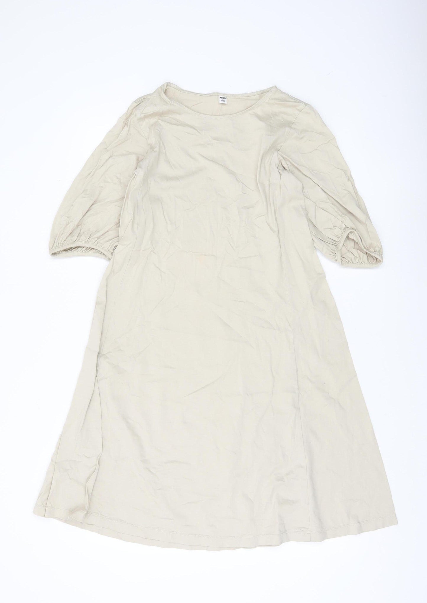 Uniqlo Women Beige A-Line Knee Length Dress S Puff Sleeve
