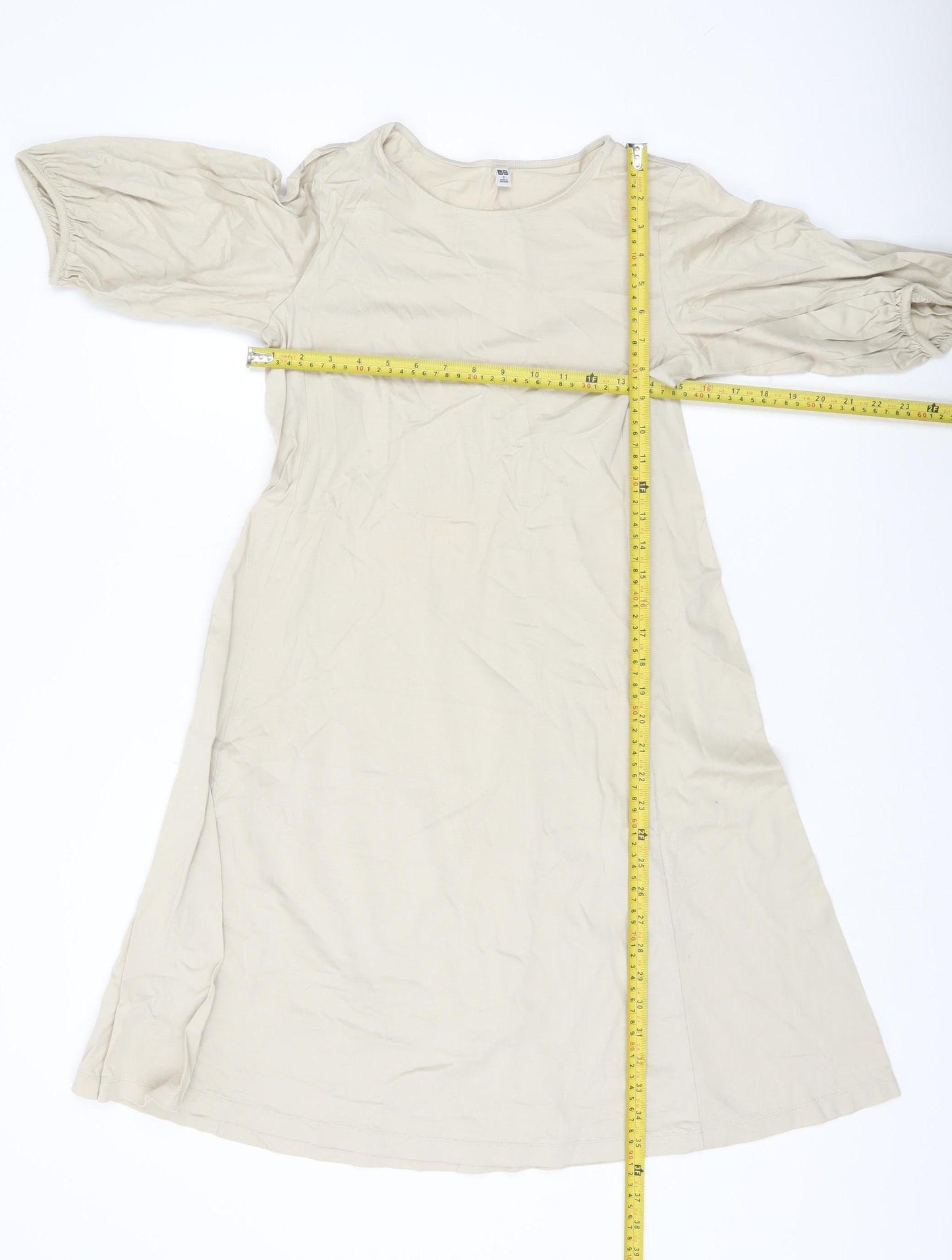 Uniqlo Women Beige A-Line Knee Length Dress S Puff Sleeve