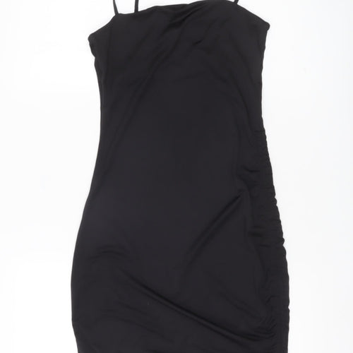 H&M Divided Women Black Bodycon Mini Dress Size 8 Sleeveless Ruched