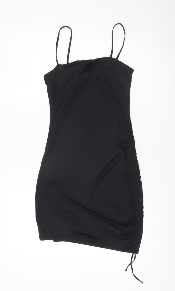 H&M Divided Women Black Bodycon Mini Dress Size 8 Sleeveless Ruched