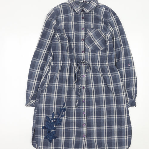 Raxlan Womens Blue Check Shirt Dress Size 8 Embroidered Long Sleeve