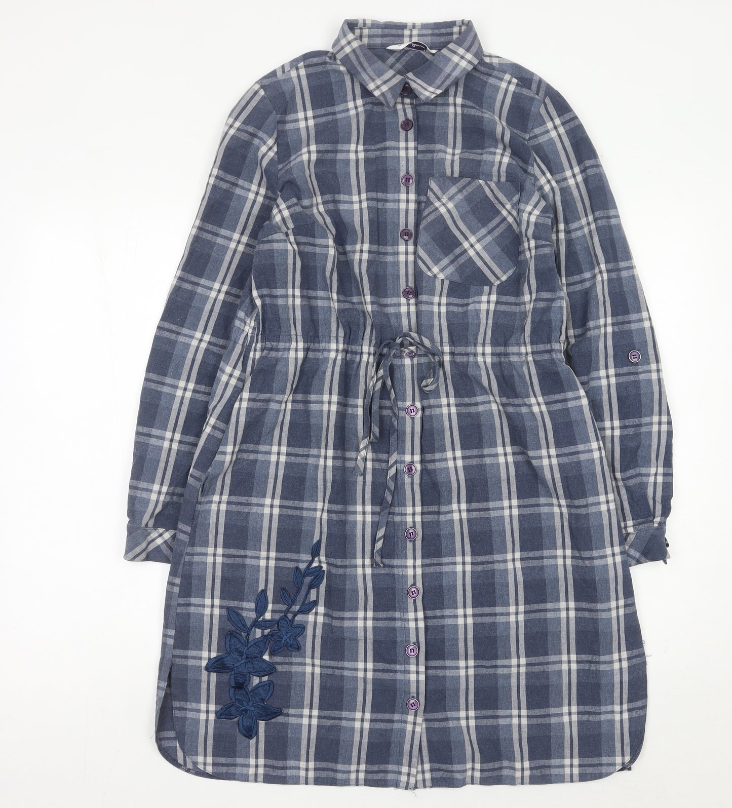 Raxlan Womens Blue Check Shirt Dress Size 8 Embroidered Long Sleeve