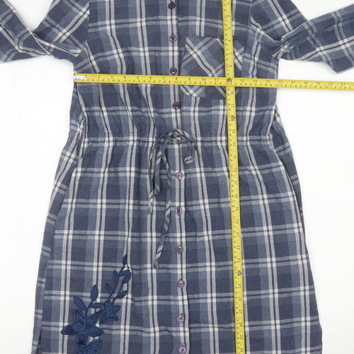 Raxlan Womens Blue Check Shirt Dress Size 8 Embroidered Long Sleeve