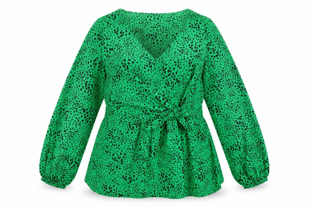 Front view of Simply Be women’s green animal print wrap blouse, size UK 20
