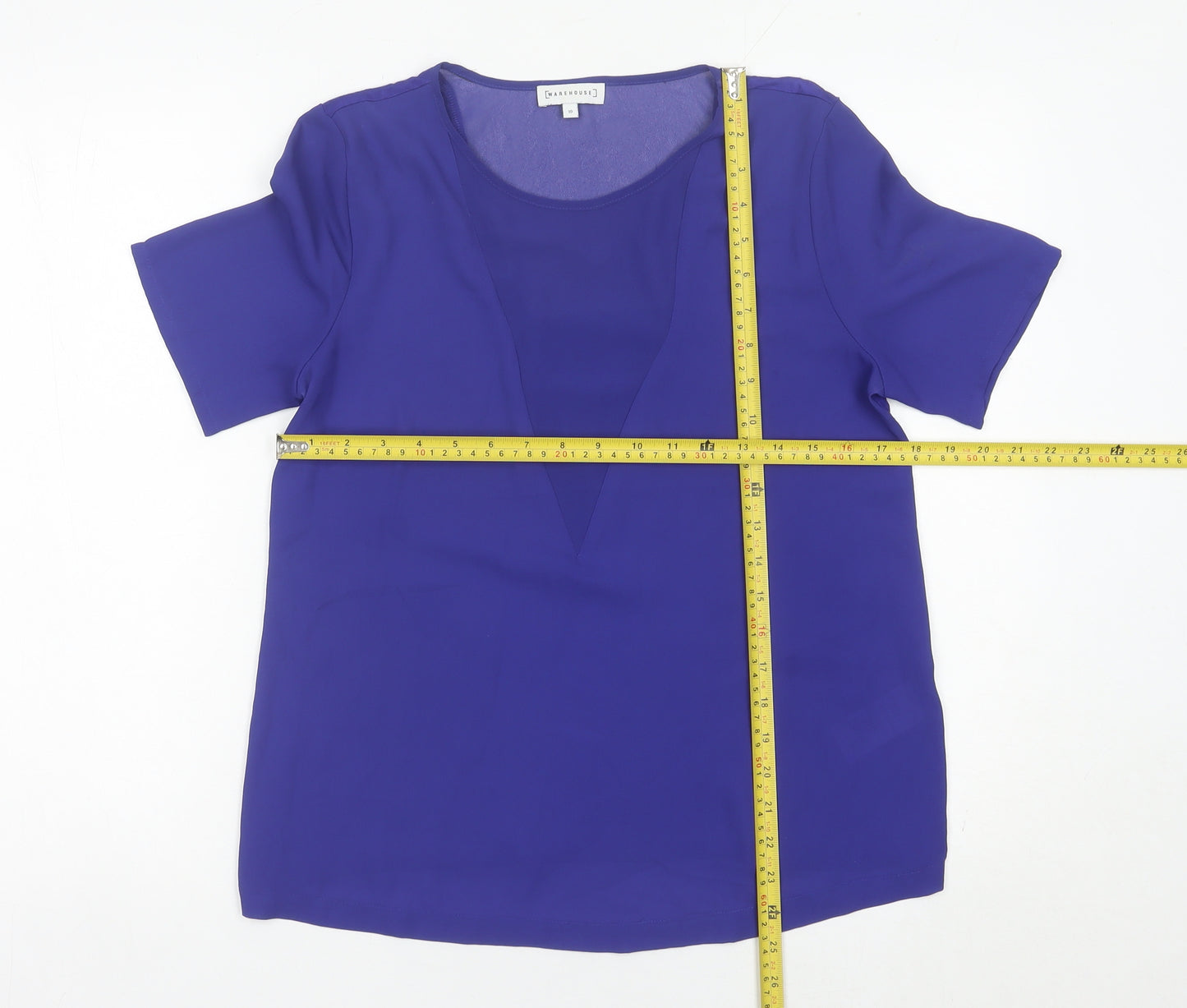 Warehouse Women’s Blue Blouse UK 10 V-Neck Short Sleeve Polyester