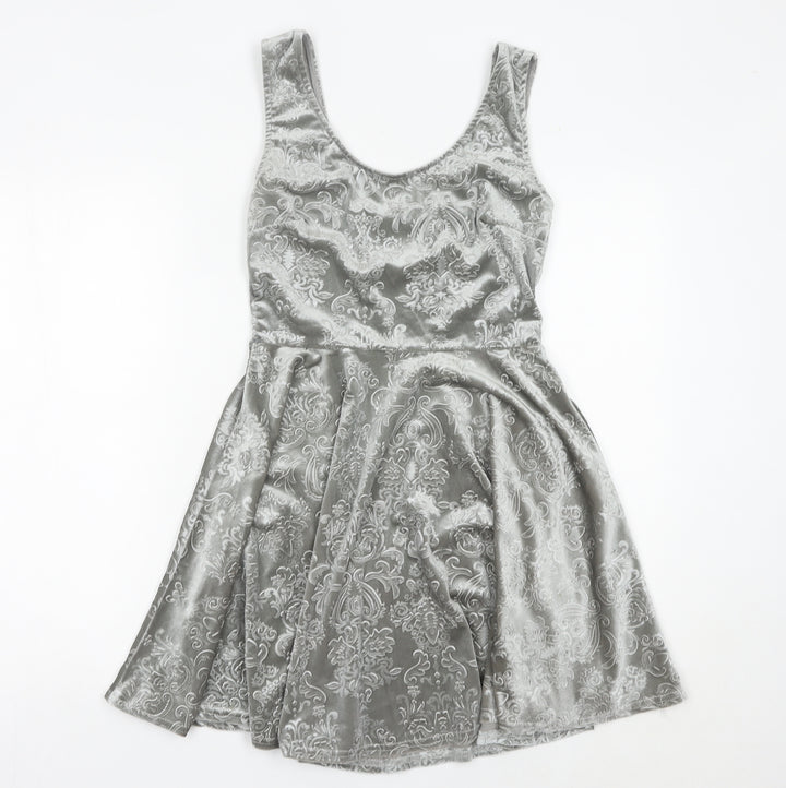 Club L Women Grey Skater Dress Size 10 Sleeveless Velvet Partywear