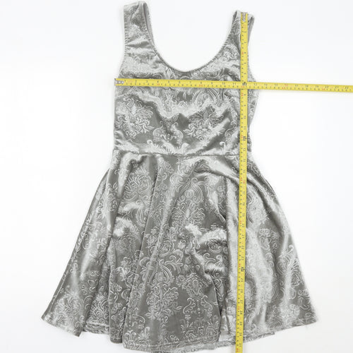 Club L Women Grey Skater Dress Size 10 Sleeveless Velvet Partywear