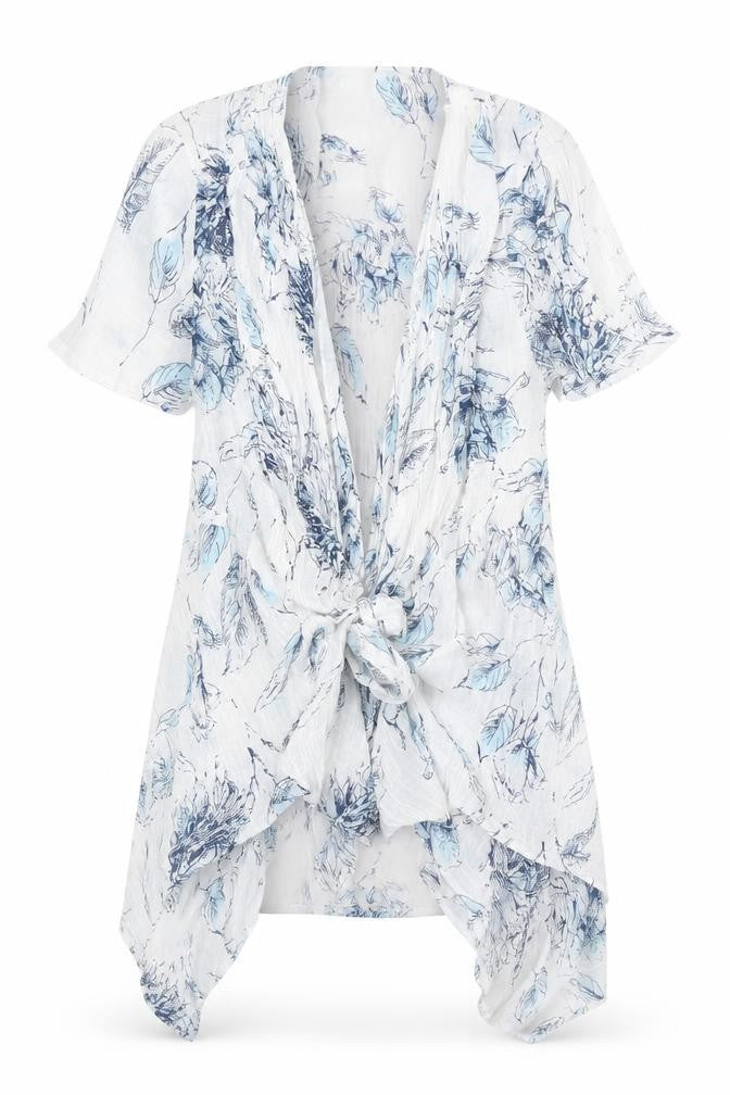 Roman Women’s White Blue Floral Kimono Blouse Size 10