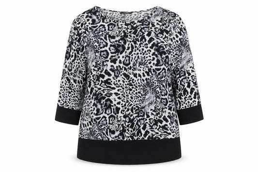 Front view of Roman Women’s Black Animal Print Tunic Blouse, size UK 12, 3/4 Sleeve