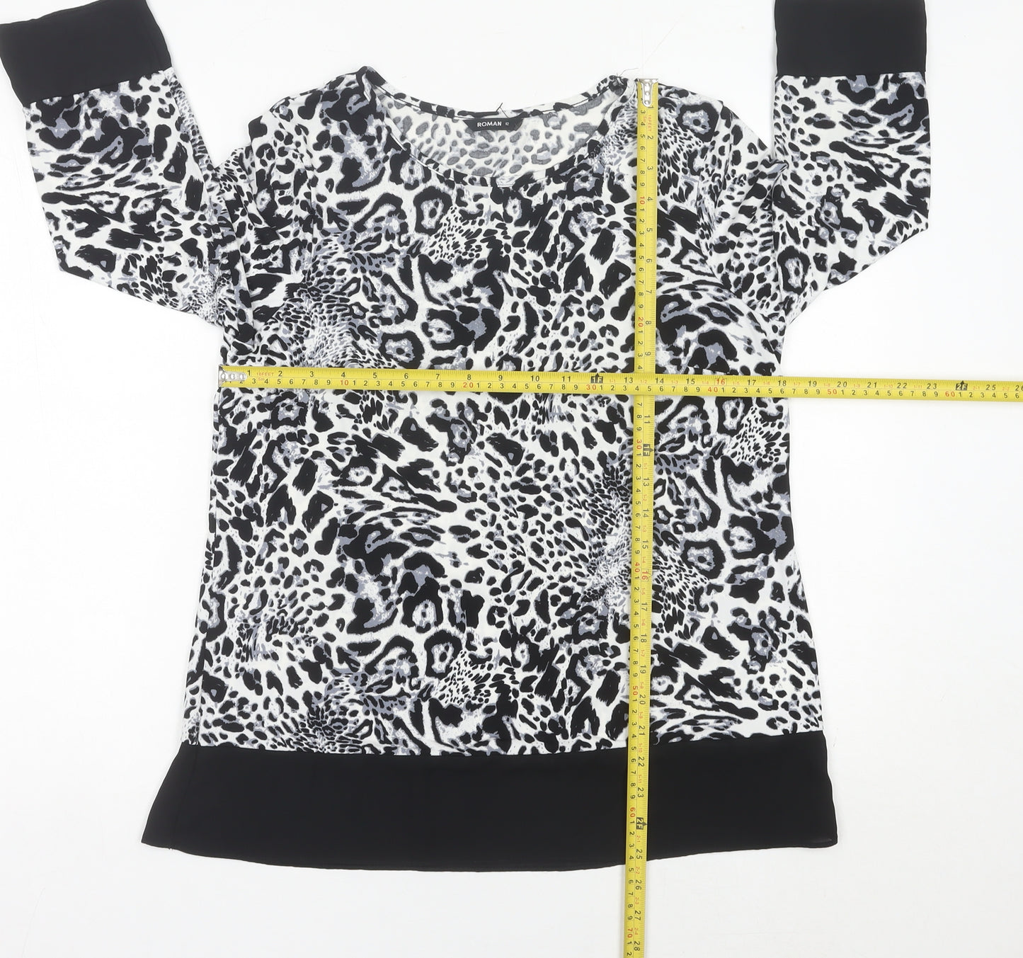 Roman Women’s Black Animal Print Tunic Blouse Size 12 3/4 Sleeve
