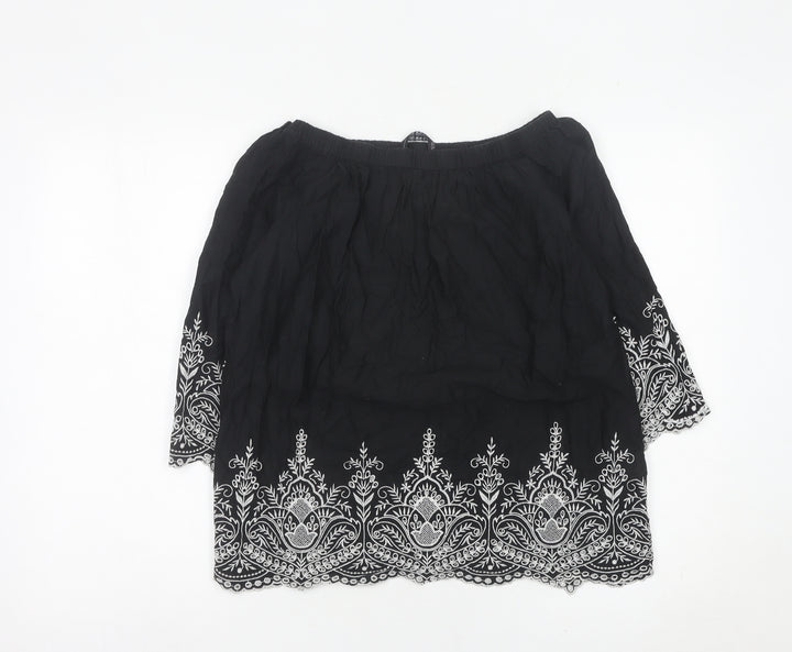 Zara Women Black Embroidered Off Shoulder Cotton Tunic Blouse Size 12
