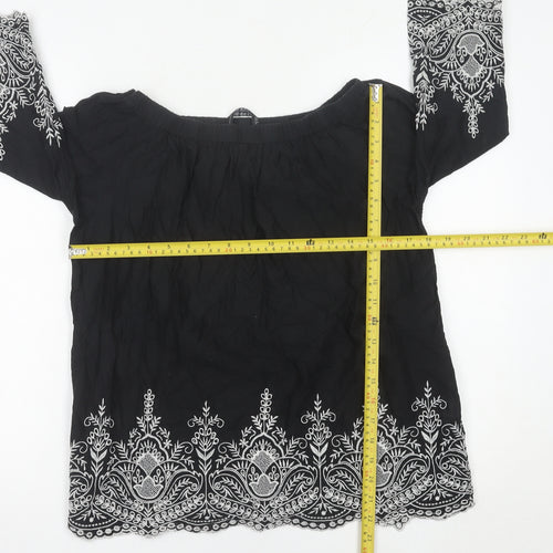 Zara Women Black Embroidered Off Shoulder Cotton Tunic Blouse Size 12